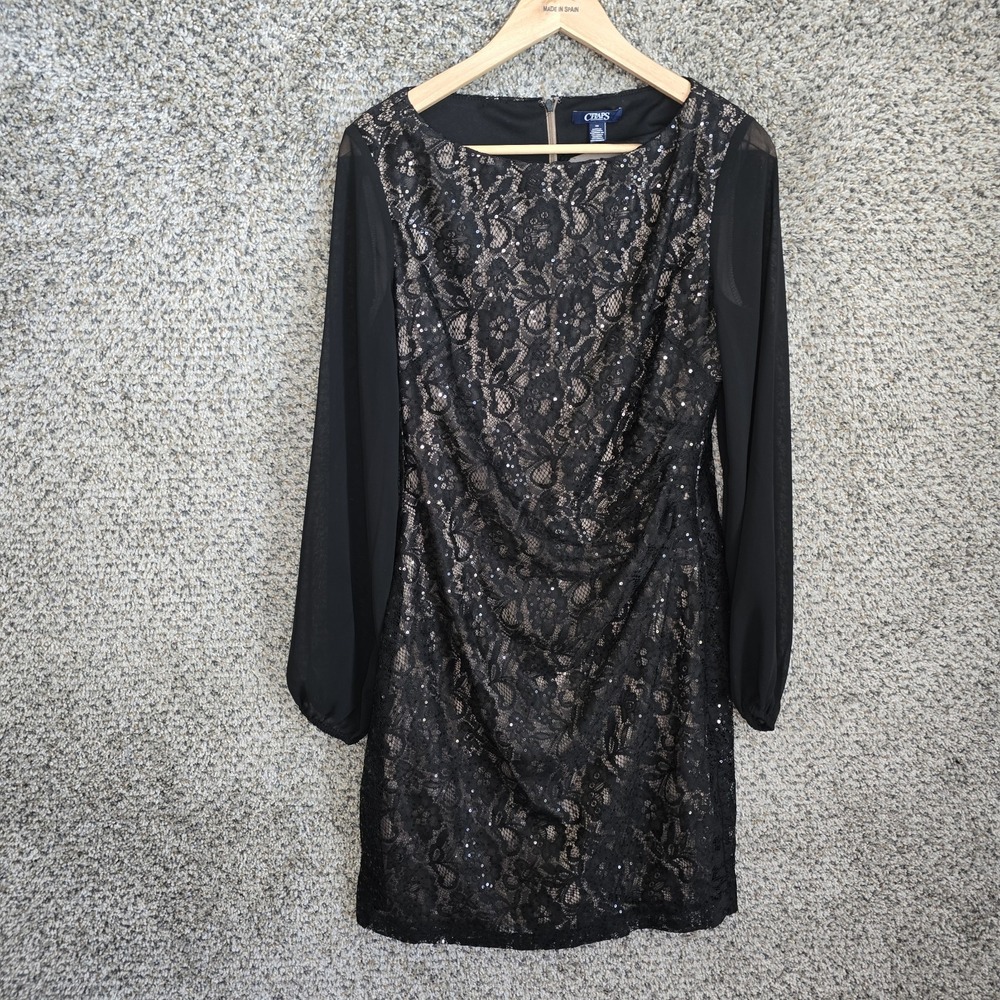 Chaps Dress Womens 10 Black Lace Sequined Long Sleeve Zip Sheath‎ Boat Neck